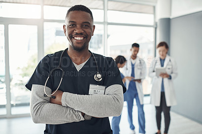 Buy stock photo Male Doctor, hospital and portrait with team for medical service, healthcare and insurance for medicine. Expert nurse, clinic and confident for wellness. health worker or specialist surgeon for help