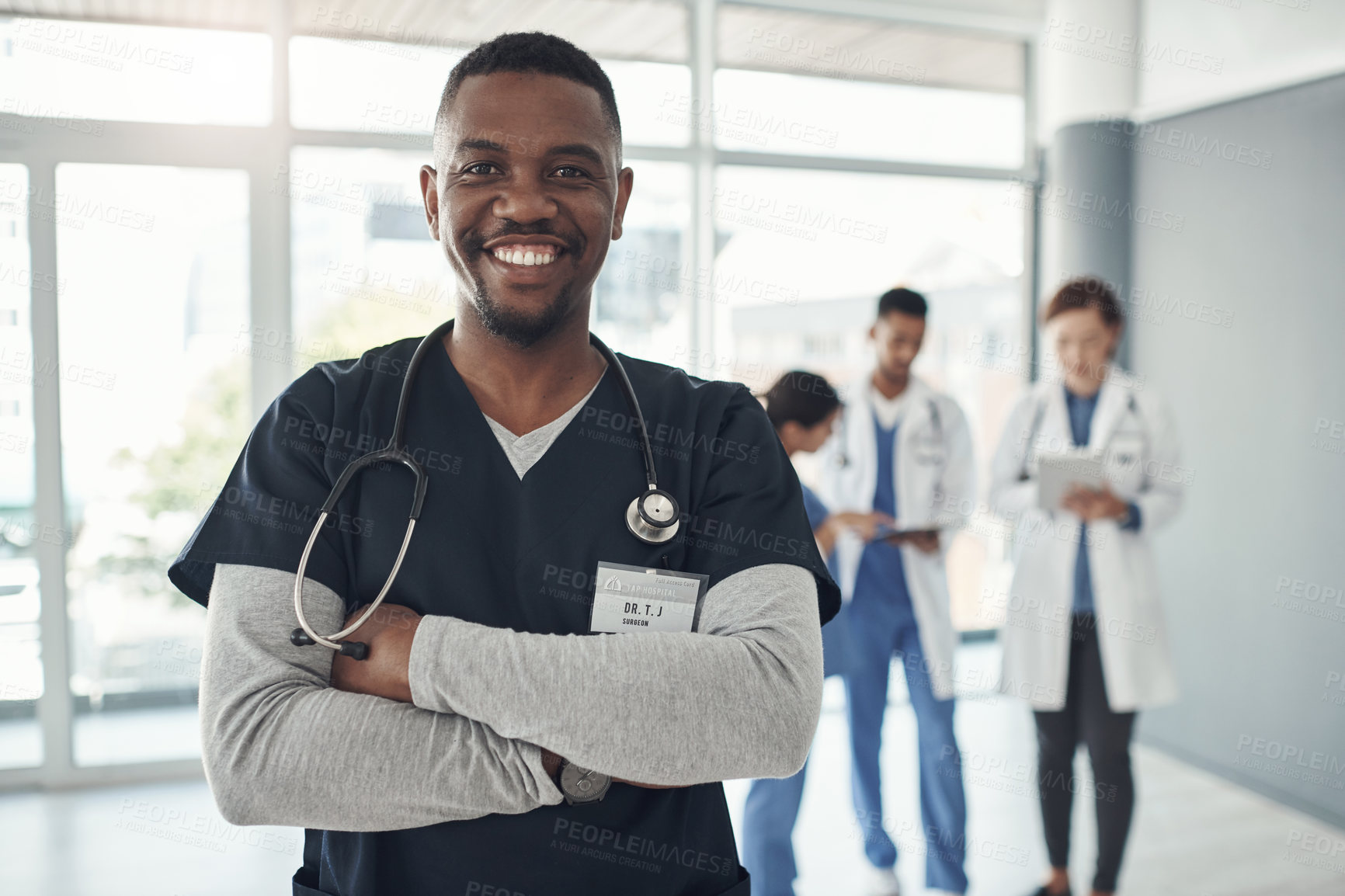 Buy stock photo Male Doctor, hospital and portrait with team for medical service, healthcare and insurance for medicine. Expert nurse, clinic and confident for wellness. health worker or specialist surgeon for help
