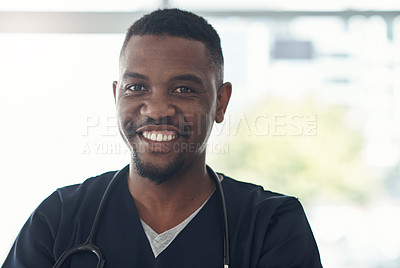 Buy stock photo Portrait, nurse and happy black man in hospital for healthcare career, wellness or service in Kenya. Face, smile and African medical professional doctor, surgeon or expert employee working in clinic