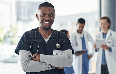 Buy stock photo Black man, nurse and arms crossed in hospital or medical meeting with confidence, integrity or about us. Portrait of healthcare doctor in leadership with ADN support, advice or planning in USA clinic