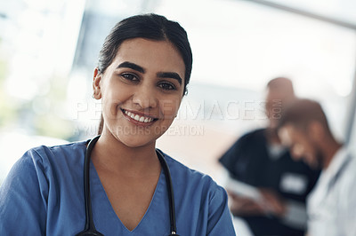 Buy stock photo Portrait, nurse and smile of woman in hospital for healthcare career, wellness and service. Face, happy and young medical professional doctor, surgeon or confident expert employee coworking in clinic