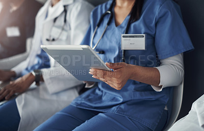 Buy stock photo Healthcare, team and nurse woman with tablet for telehealth, check test results and network for medical article. Technology, colleagues and expert in hospital for wellness app and research diagnosis
