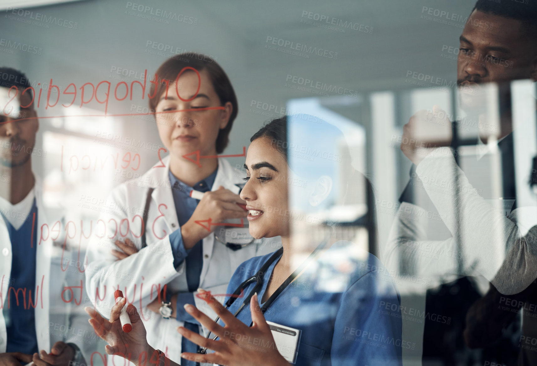 Buy stock photo Doctor, nurse and teamwork on glass board for medical solution, brainstorming and problem solving of patient injury. Healthcare worker or group thinking, planning and decision for orthopedic surgery