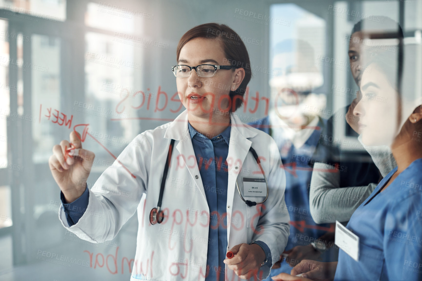 Buy stock photo Doctor, woman and writing on glass board for medical solution, teaching and problem solving in university. Healthcare students, nurse and professor for orthopedic training and steps of spine injury