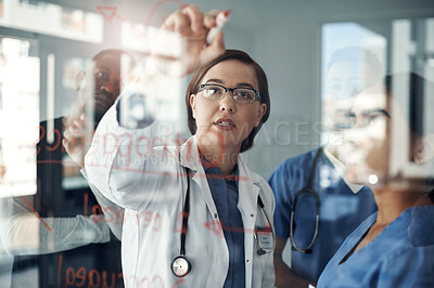 Buy stock photo Doctor, teamwork and writing on glass board for medical solution, teaching and problem solving in residency. Healthcare students, people or professor for orthopedic training, steps and mindmap ideas