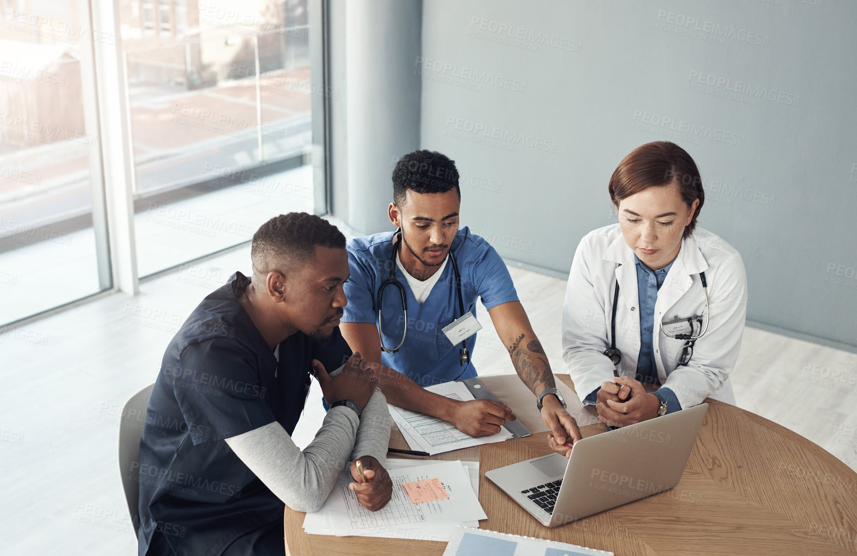 Buy stock photo People, nurse and teamwork in meeting with laptop, planning or research on cancer in genetic mutation. Healthcare group, doctors and medical leadership of online results or progress in clinical trial