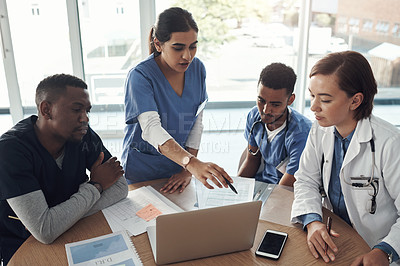Buy stock photo People, nurse and teamwork in meeting with computer, presentation and idea for solution in medical residency. Healthcare doctors, student and group leadership with online research for clinical trial