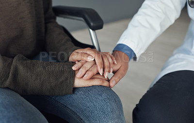 Buy stock photo Doctor, patient and holding hands for medical support in hospital office with closeup, empathy and kindness. Professional, expert and woman with sympathy for healthcare results, diagnosis and health