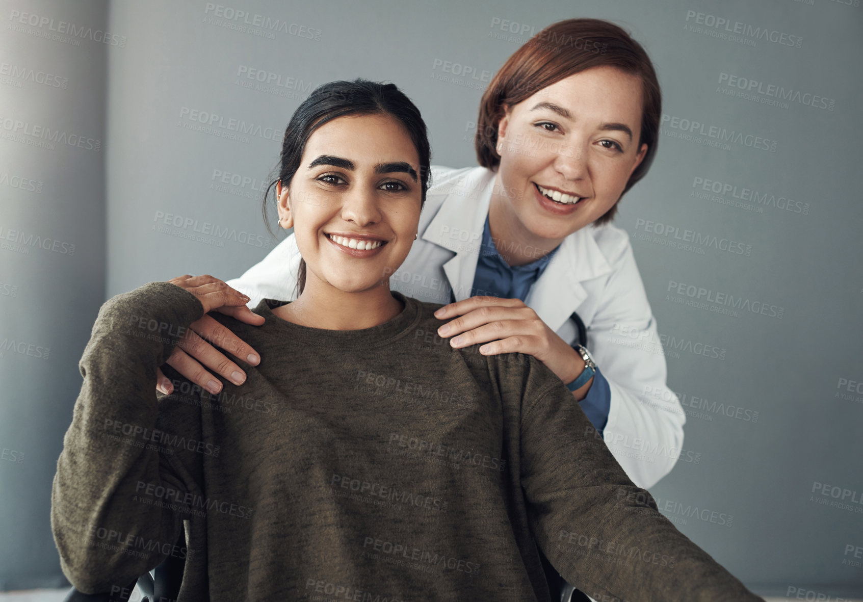 Buy stock photo Doctor, woman and support smile and comfort, patient care and gratitude with healthcare professional or help. Wellness, clinic and medical service and people together, trust or hospital portrait