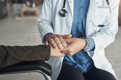 Buy stock photo Shot of an unrecognizable doctor comforting a patient in an office