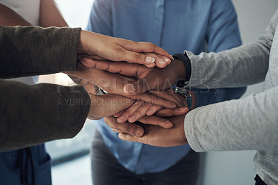 Buy stock photo Hands stack, team work and group with support, collaboration and love or care and solidarity in therapy. People standing together with unity, compassion and helping for psychology and mental health