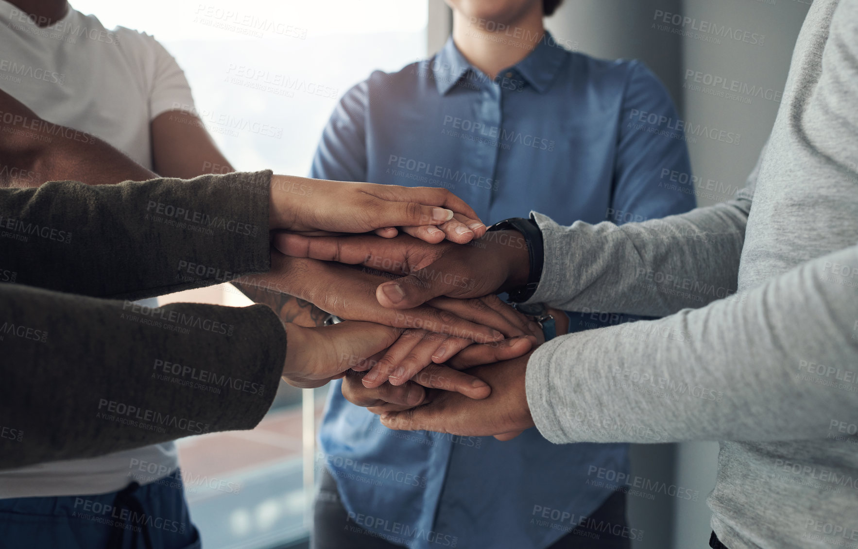 Buy stock photo Hands stack, team work and people with support, collaboration and love or care and solidarity in therapy. Group standing together with unity, compassion and helping for psychology and mental health