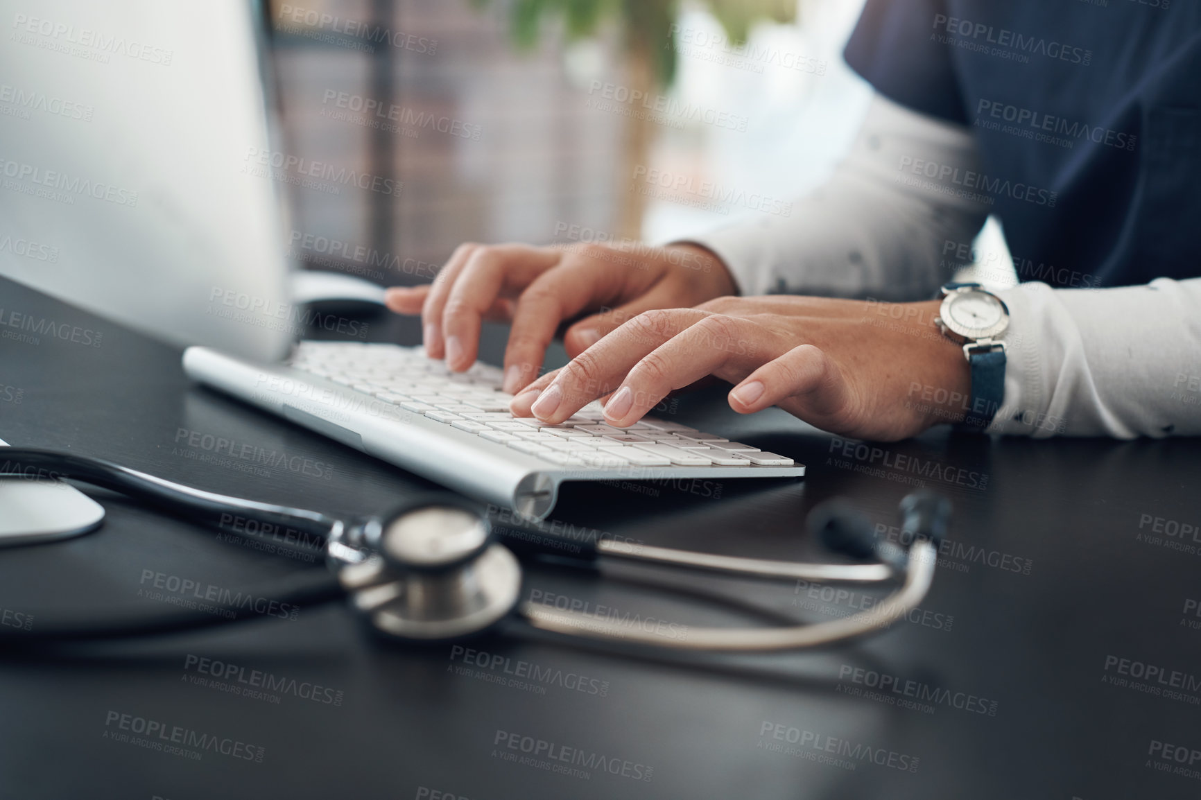 Buy stock photo Internet, hand and doctor by desk for typing with check test results, writing report and connection for medical article. Clinic, health expert and fingers of woman on keyboard for research and faq