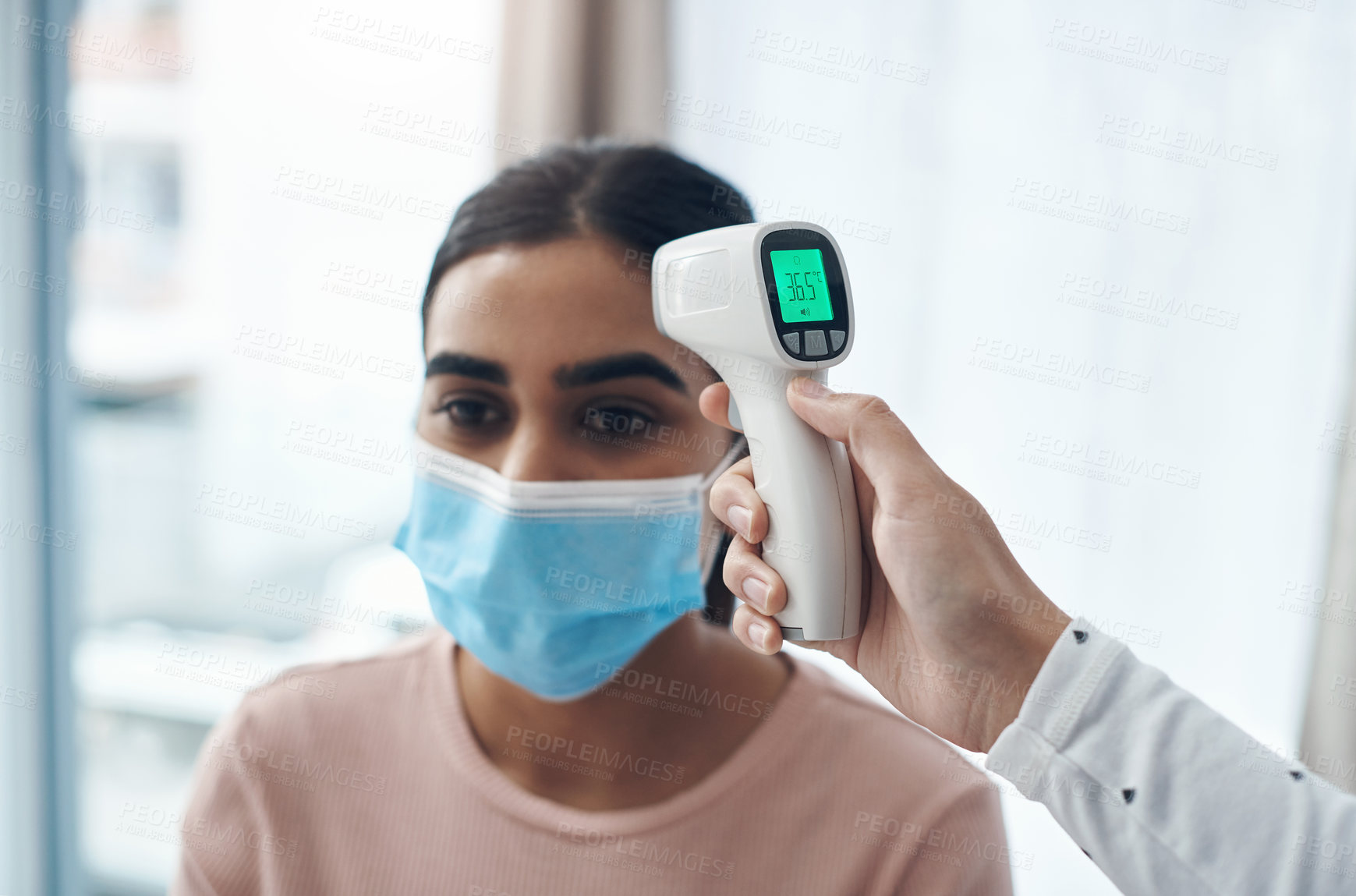 Buy stock photo Woman, temperature and test for virus with thermometer in clinic with covid, face mask or healthcare. Scan, fever and measure person for risk or danger in office or travel with medical safety process