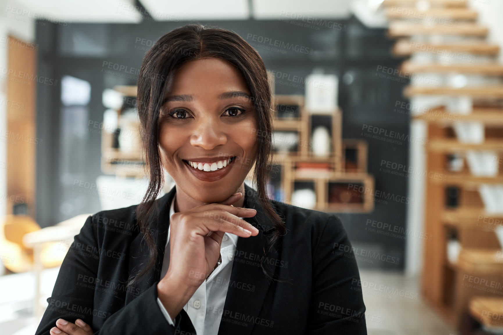 Buy stock photo Attorney, portrait and happy black woman and thinking for business person in office, confidence and development. Advisor, law firm and agency with legal consultant and thoughtful for company 