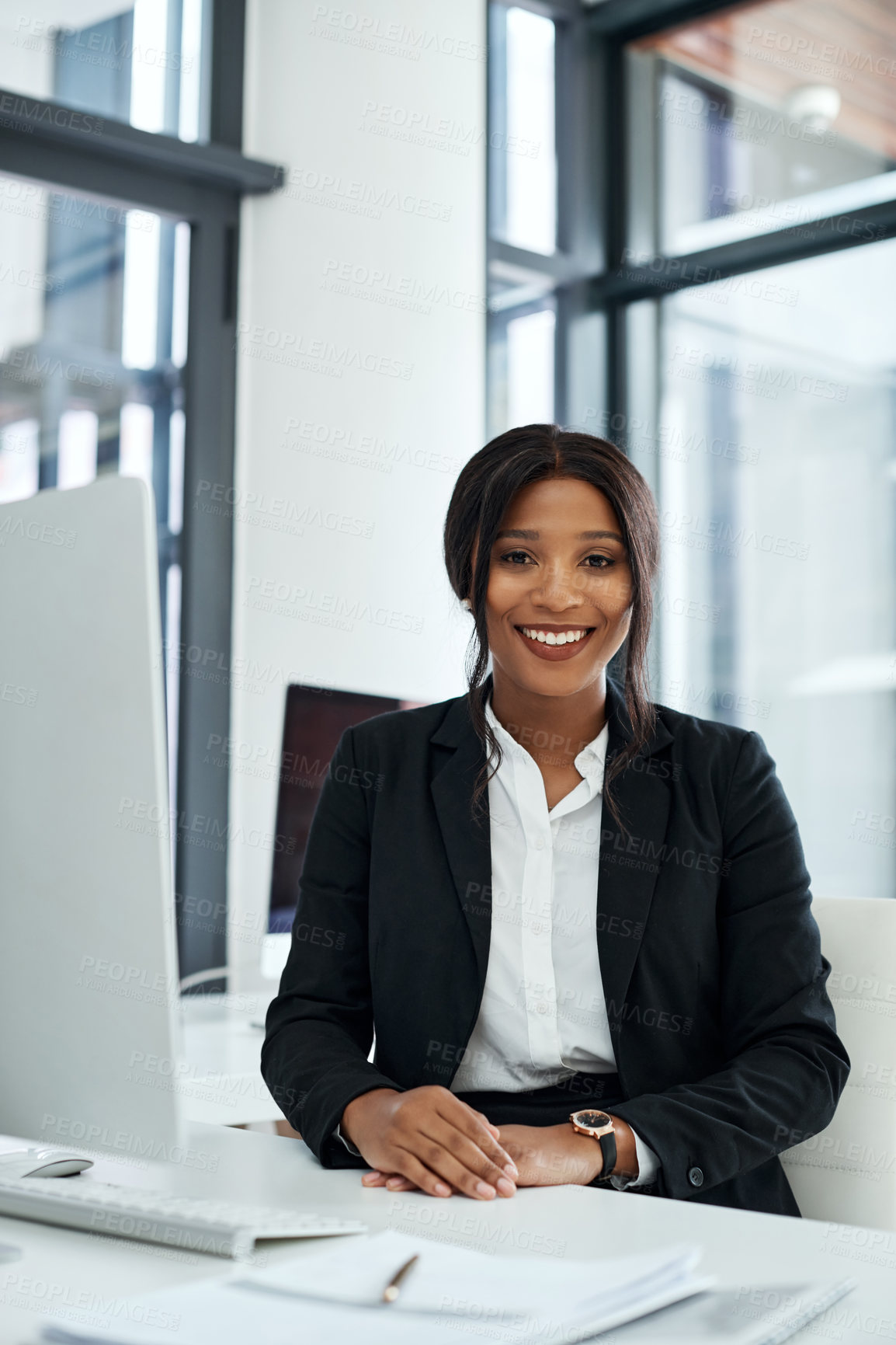 Buy stock photo Portrait, office and black woman with computer, paperwork and confidence at legal consulting agency. Smile, attorney or lawyer at desk for planning, networking and happy business advisor at law firm.