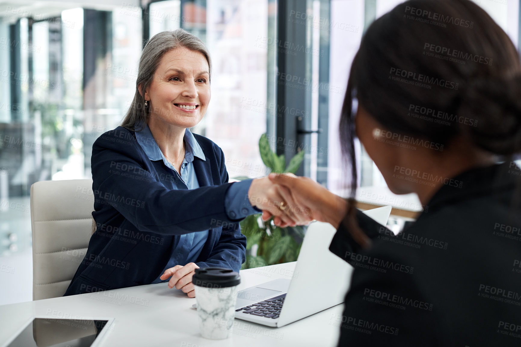 Buy stock photo Shot of a mature businesswoman shaking hands with a colleague during a meeting in a modern office