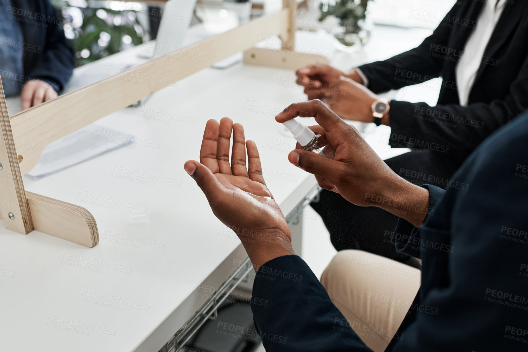 Buy stock photo Hands, sanitizer and business person with bacteria, cleaning and cleaning with disinfectant, compliance or remove dirt. Closeup, employee or consultant with covid policy or virus protection in office