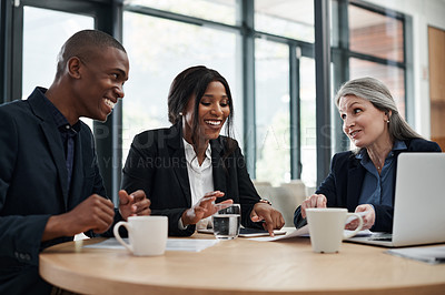 Buy stock photo Conversation, laptop and business people in meeting, planning and connection with internet, budget and online news. Accounting, happy group and employees with pc, investment and support with teamwork