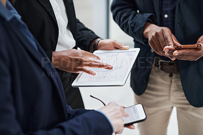 Buy stock photo Planning, app and hands of business people with tablet, phone and tech to schedule meeting or reminder. Research, news and project management of team with online, info and typing email to contact