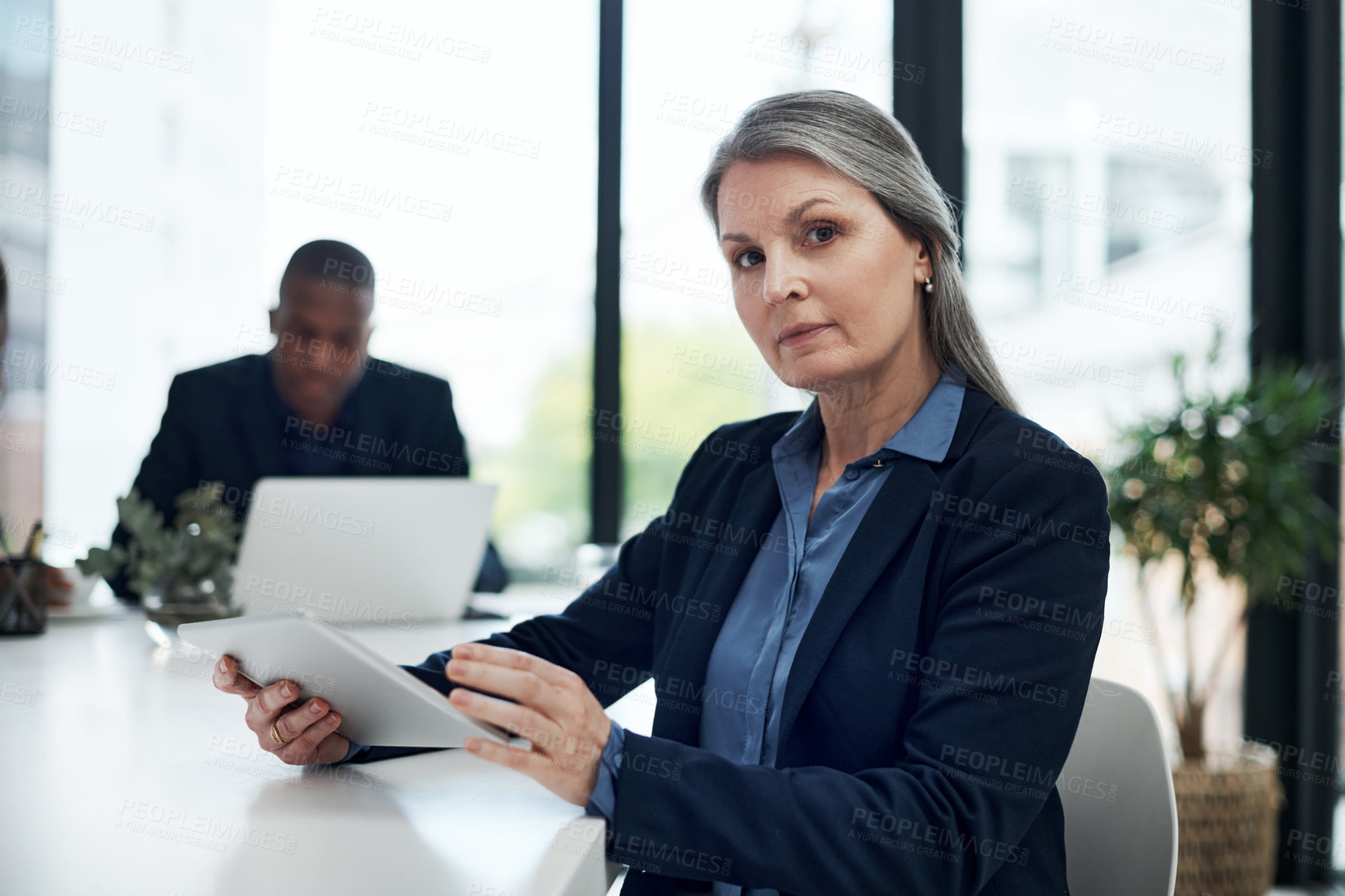 Buy stock photo Portrait, office and mature woman with tablet, confidence and leadership at consulting agency. Business plan, professional and businesswoman with digital app, networking or meeting in conference room