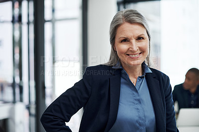Buy stock photo Portrait, office and mature woman with smile, leadership and confidence at financial consulting agency. Business, happy and face of businesswoman, project manager or professional in conference room