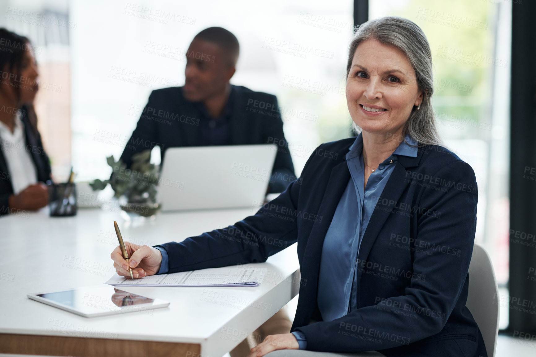 Buy stock photo Mature woman, portrait and writing with documents in business at office for finance, contract or legal agreement. Female person, CEO or financial executive taking notes with smile for company budget