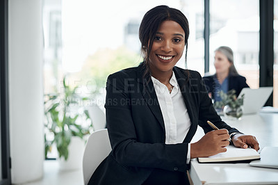 Buy stock photo Black woman, portrait and writing with book in business at office for finance, report or corporate policy. African, female person or financial advisor with smile, notes or diary for company revenue