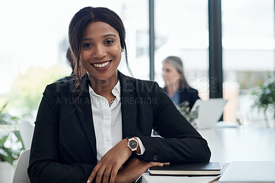 Buy stock photo Black woman, portrait and accountant with confidence, career ambition or corporate finance at office. African, female person or financial advisor with smile, book or diary on company budget or report