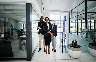 Buy stock photo Female leader, team diversity and portrait in office for recruitment, human resources or welcome in lobby. Woman, proud or hiring staff for teamwork in corporate, company or collaboration or about us