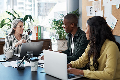 Buy stock photo Consulting, financial advisor and laptop with couple in meeting for budget, investment or planning. Computer, portfolio and wealth management with mature finance broker talking to client people