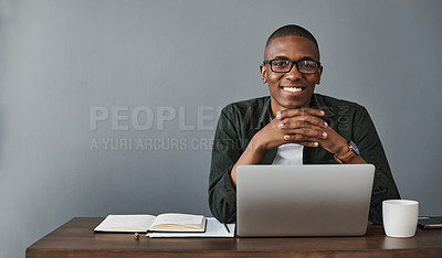 Buy stock photo Happy black man, laptop and portrait in office for software, research and work on wall background in creative startup business. Face, computer and web developer in glasses with mockup space in Kenya