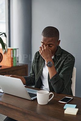 Buy stock photo Business, tired and black man with headache, laptop and stress with error 404, glitch and mistake. African person, employee and professional with migraine, pc and exhausted with fatigue or frustrated