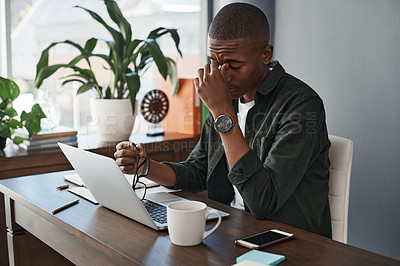 Buy stock photo Business, stress and black man with headache, laptop and glitch with error 404, frustrated and mistake. African person, employee and professional with migraine, pc and exhausted with fatigue or tired