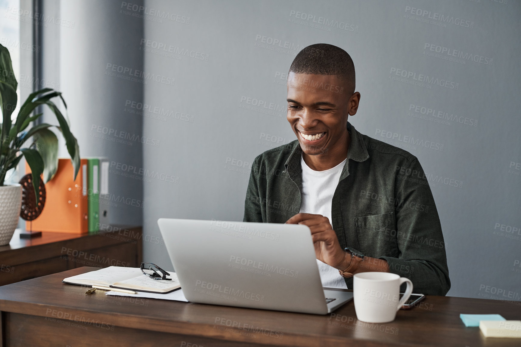 Buy stock photo Business, laptop and happy black man in office for good news, research and check information in creative startup. Computer, graphic designer and reading email on internet for planning project online