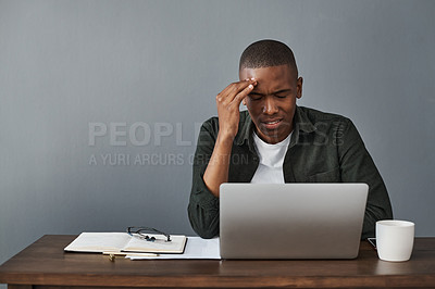 Buy stock photo Business, burnout and black man with headache, laptop and stress with error 404, mockup space and mistake. African person, employee and agent with migraine, pc and exhausted with fatigue and tired