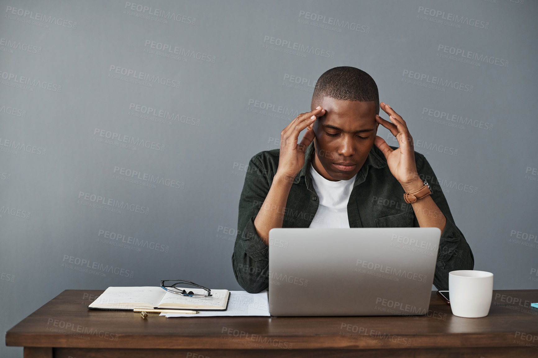 Buy stock photo Employee, fatigue and black man with headache, laptop and stress with error 404, glitch and tired. African person, mistake or professional with migraine, pc or exhausted with consultant or frustrated