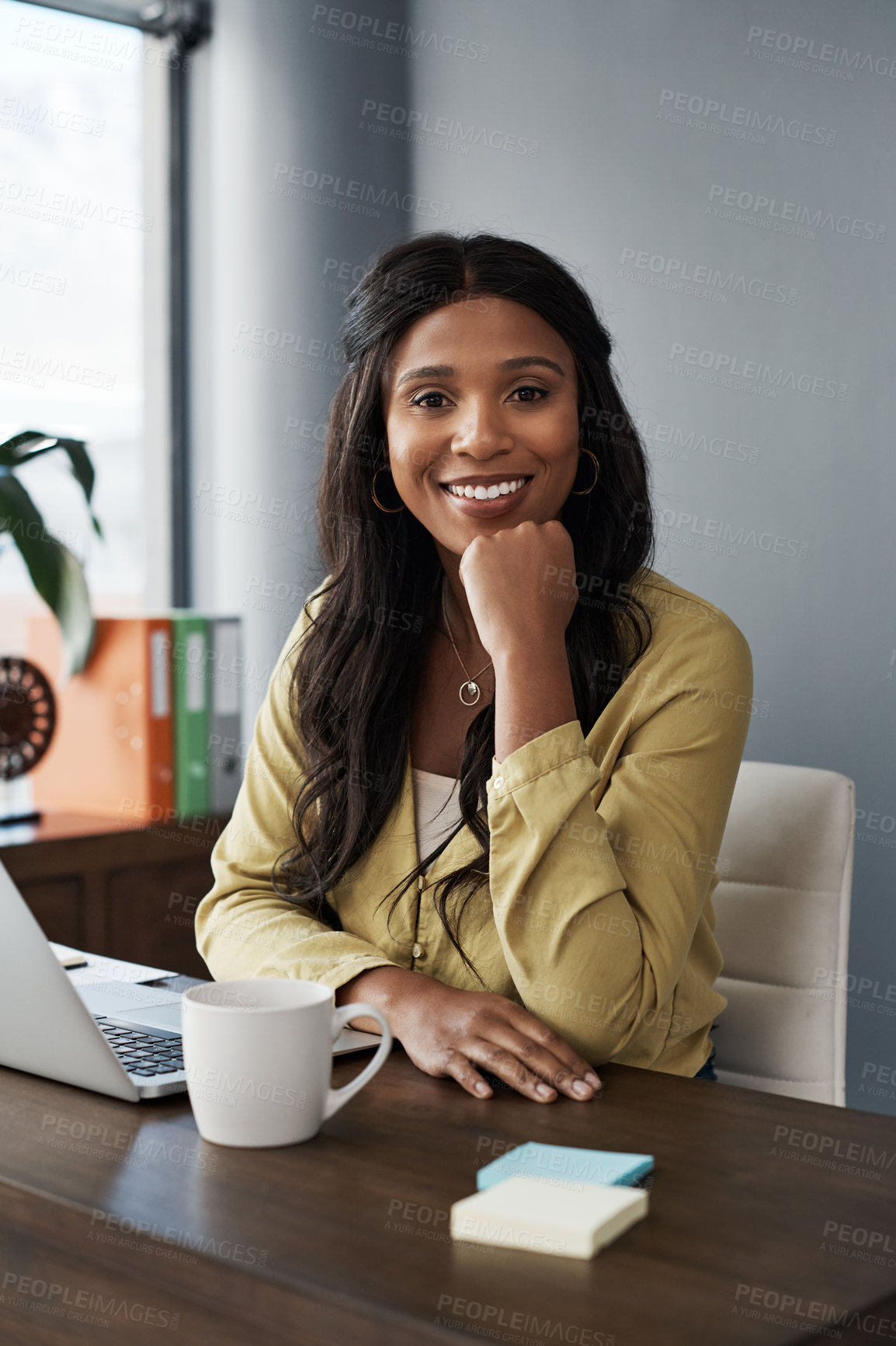 Buy stock photo Portrait, smile and laptop with black woman in office for proposal, business and corporate project. Technology, internet and female professional with administration for email, report and research