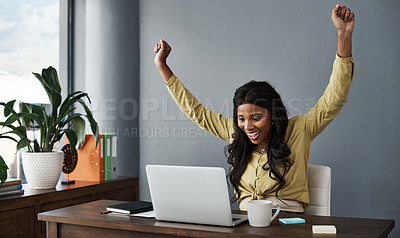 Buy stock photo Shot of a young businesswoman raising her arms in celebration