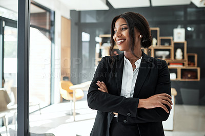 Buy stock photo Arms crossed, business and black woman in office with thinking for career opportunity and corporate growth. African, lawyer girl and thoughts in workplace with ideas for future goals and legal case