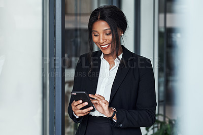 Buy stock photo Happy black woman, social media and reading with phone, business proposal or communication at office. African, female person or lawyer with smile on mobile smartphone for good news, app or research
