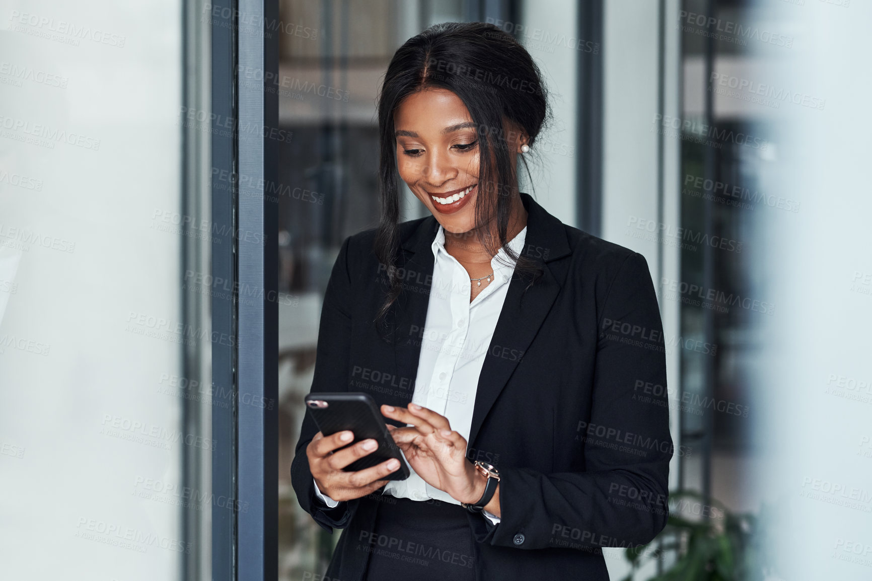 Buy stock photo Happy black woman, social media and reading with phone, business proposal or communication at office. African, female person or lawyer with smile on mobile smartphone for good news, app or research