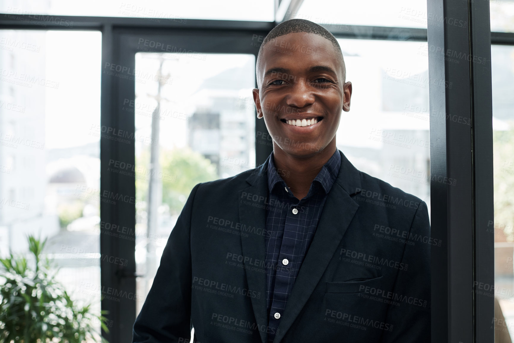 Buy stock photo Black man, portrait and confident in office, professional and proud of career opportunity at law firm. Male person, employee and lawyer in agency for occupation, attorney and future growth with smile