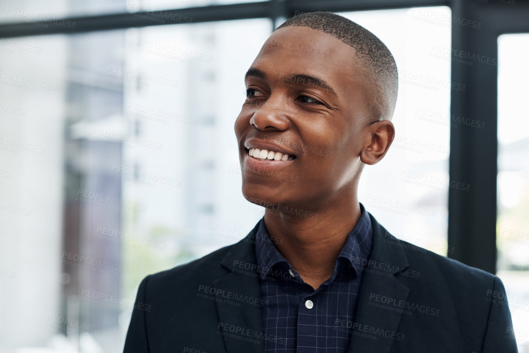 Buy stock photo Black man, thinking and confident in office, professional and idea for career opportunity in company. Male person, employee and lawyer in agency for planning, attorney and future growth in law firm