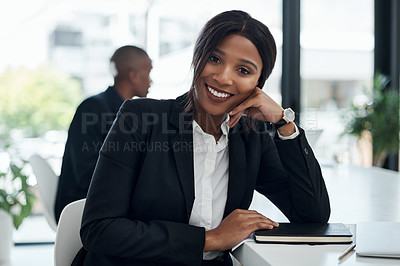 Buy stock photo Black woman, portrait and confident in meeting, notebook and professional planning in office. Female person, employee and ideas for schedule or agenda, notes and reminder for proposal in journal 