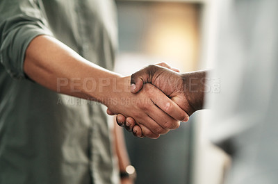 Buy stock photo Closeup, business and men with handshake, collaboration and partnership with agreement, deal or teamwork. Zoom, coworkers or staff shaking hands, promotion or opportunity with goal, contract or trust