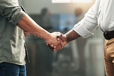 Buy stock photo Closeup, cooperation and men with handshake, teamwork and collaboration with promotion, deal and growth. Zoom, professional and staff shaking hands, goals and partnership at consultation and welcome