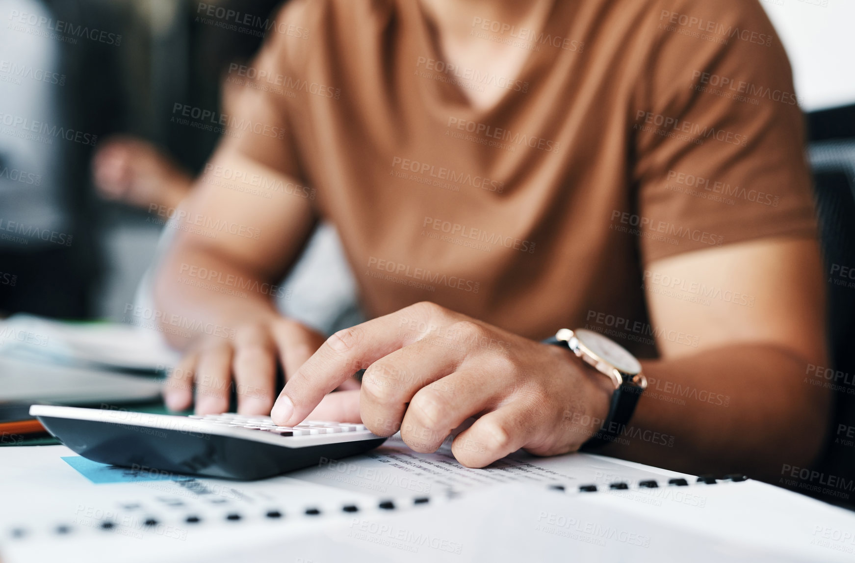 Buy stock photo Hands, calculator and paperwork at office with budget review for project management at media company. Person, accounting and financial plan for proposal funding, documents or admin at creative agency