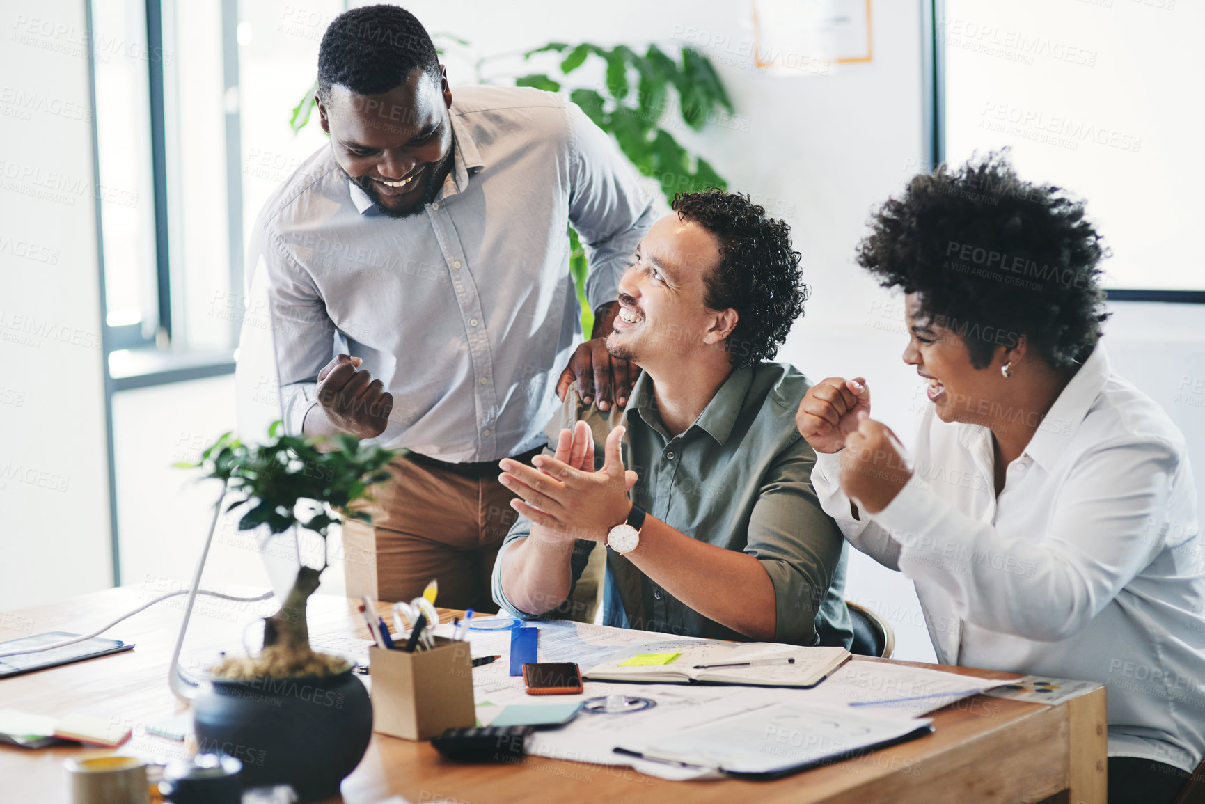 Buy stock photo Applause, architecture and meeting with business people in office together for project management. Celebration, construction and fist pump with property development team in workplace for success