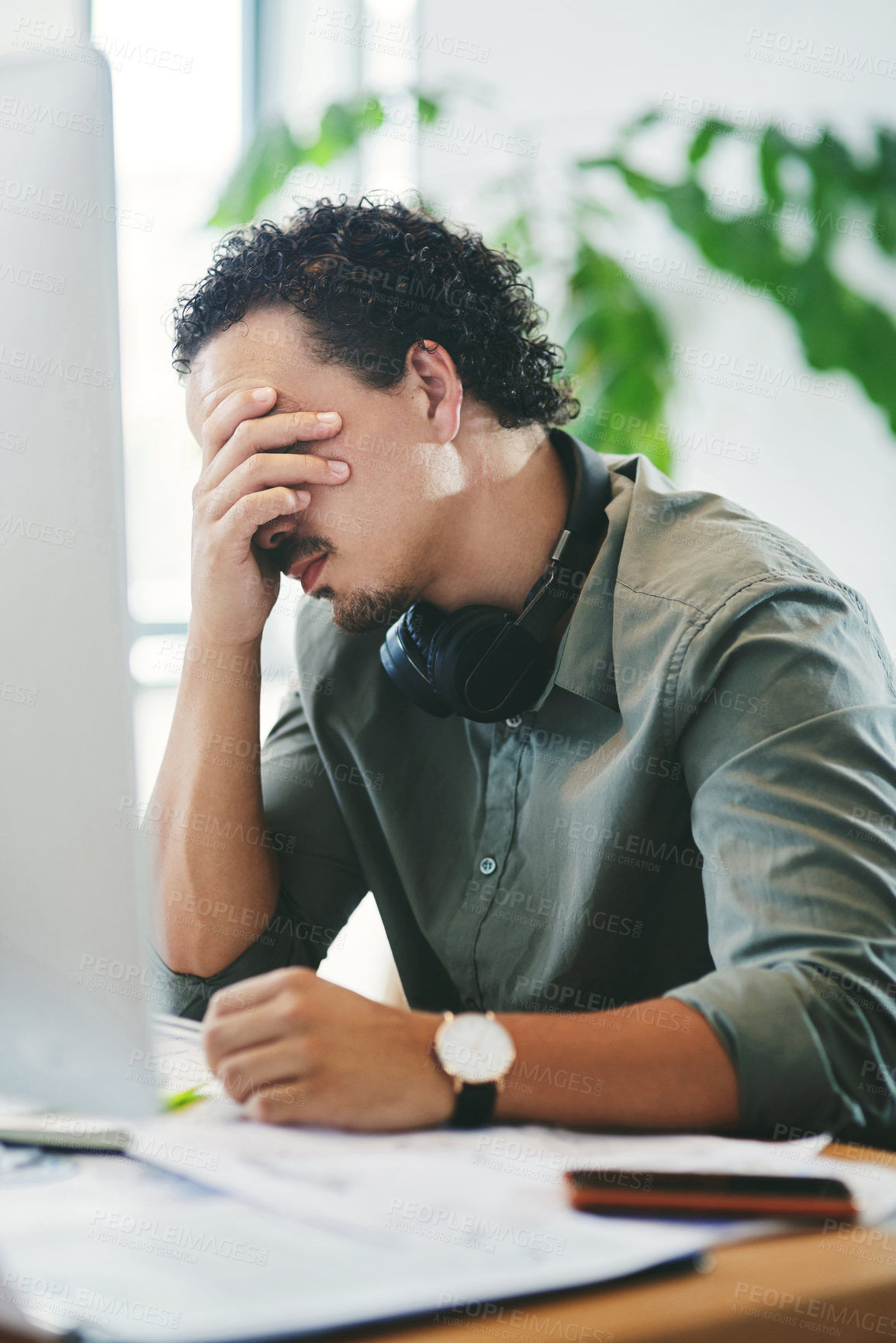 Buy stock photo Office, stress and tired business man with deadline pressure, tax burnout or financial crisis. Fatigue, overwork and person at work for bookkeeping with brain fog, exhausted or accounting challenge